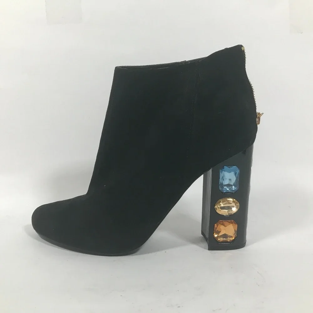 Shoedazzle Cassey Womens Size 9 Ankle Bootie Black Faux Suede Jeweled 4.5in Heel